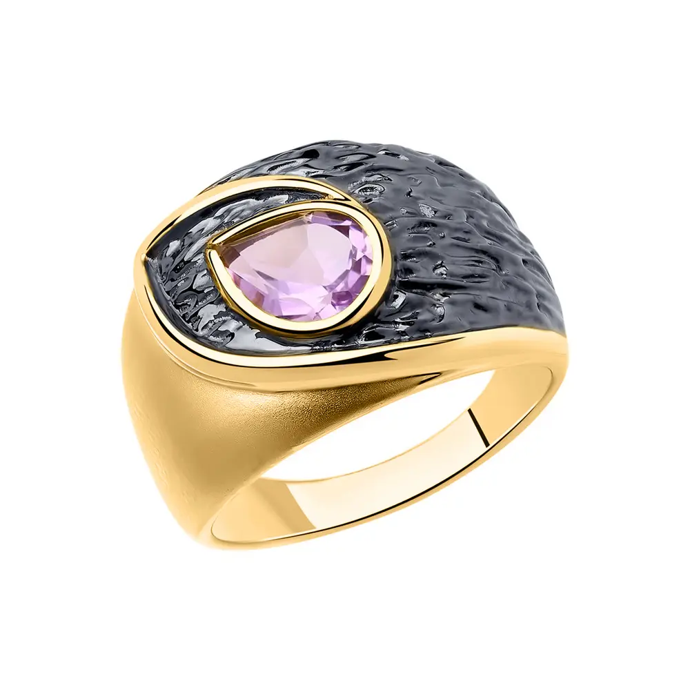 Artikelbild 1 des Artikels “Damenring „Tropfen auf geschwärzter Platte“ aus 925 Silber vergoldet mit Amethyst “