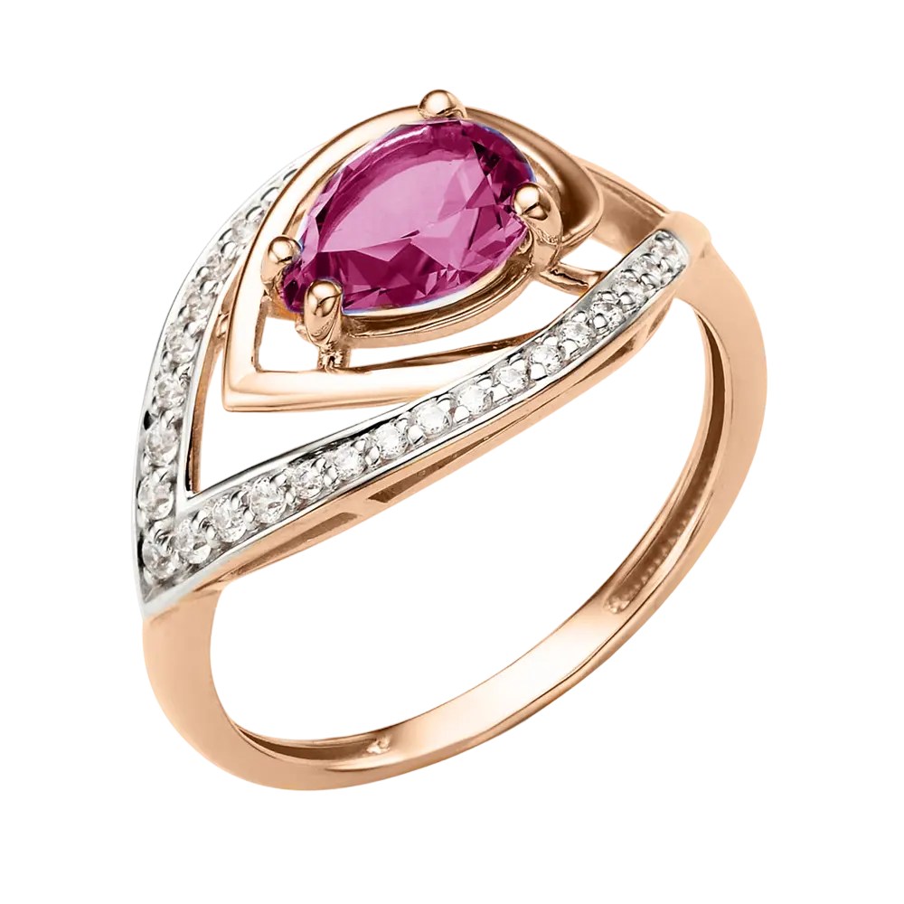 Product image 1 of the product “Women's Ring “Drop with V Shape” in 585 Rose Gold with Cubic Zirconia and Corundum ”