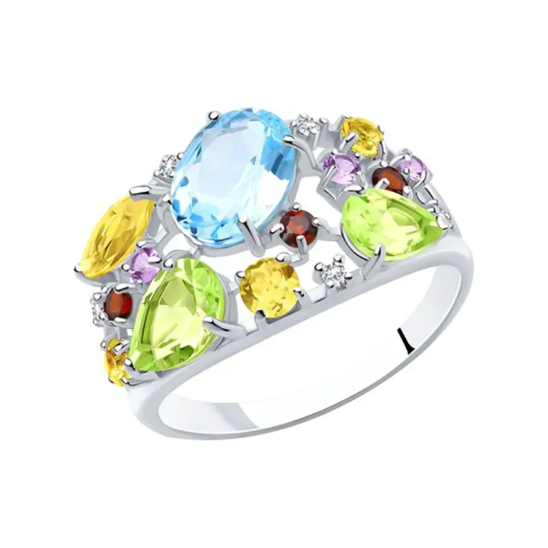 Artikelbild 1 des Artikels “Damenring „Verstreute bunte Steine“ aus 925 Silber mit Zirkonia und Topas “