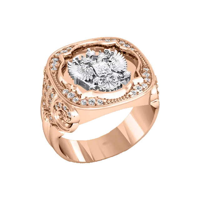Product image 1 of the product “Men's Ring “Double-Headed Eagle with Stone Halo” in 585 Two-Tone Gold with Cubic Zirconia ”