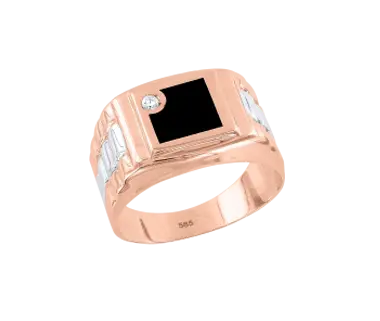 Product image 1 of the product “Men's Ring “Onyx Square” in 585 Two-Tone Gold with Cubic Zirconia and Onyx ”