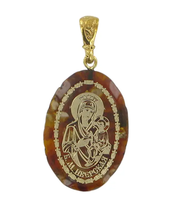 Product image 1 of the product “High-Quality Pendant Iveron Mother of God (Iverskaya) in Amber and Jewellery Resin ”