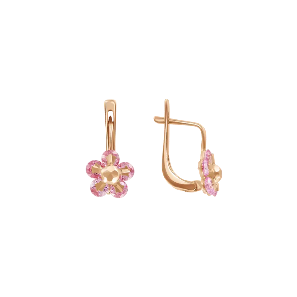 Artikelbild 1 des Artikels “Kinder-Ohrringe „Blüte mit rosa Stein“ aus 585 Rotgold mit Zirkonia “