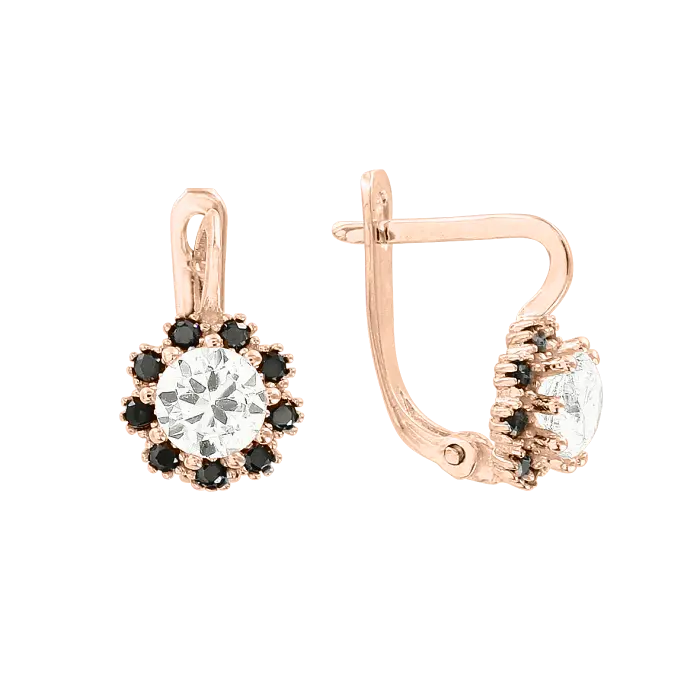Product image 1 of the product “Children's Earrings “Flower with Black Stones” in 585 Rose Gold with Cubic Zirconia ”