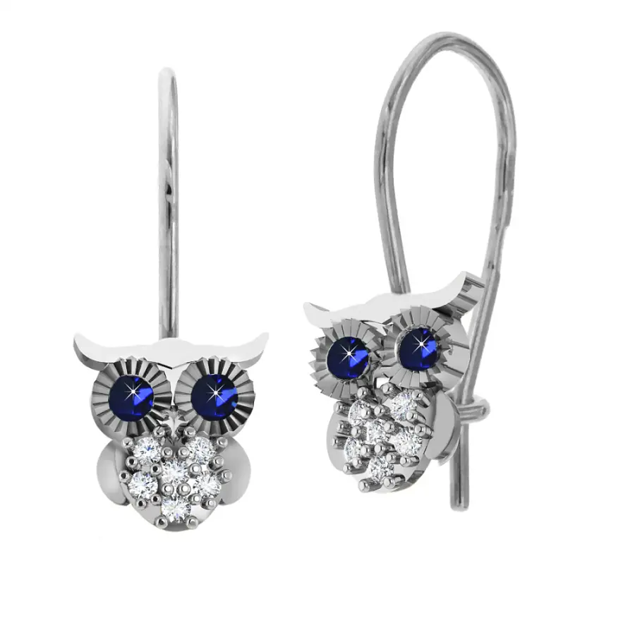 Product image 1 of the product “Children's Earrings “Owl with Blue Eyes” in 925 Sterling Silver with Cubic Zirconia ”