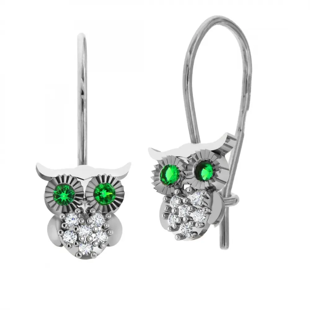 Artikelbild 1 des Artikels “Kinder-Ohrringe „Eule mit grünen Augen“ aus 925 Silber mit Zirkonia “