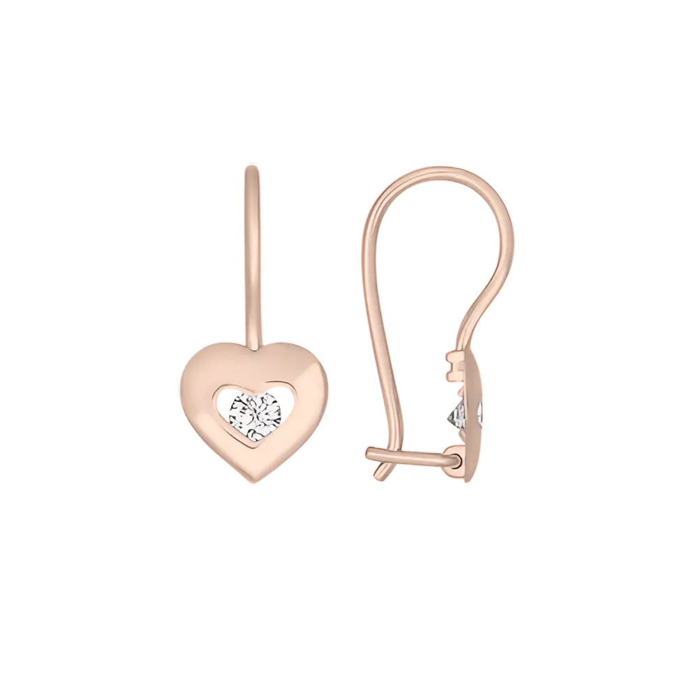 Product image 1 of the product “Children's Earrings “Heart with Stone” in 585 Rose Gold with Cubic Zirconia, Height 15 mm ”