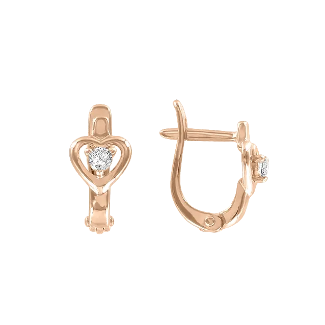 Product image 1 of the product “Children's Earrings “Heart with Stone” in 585 Rose Gold with Cubic Zirconia, Height 10 mm ”
