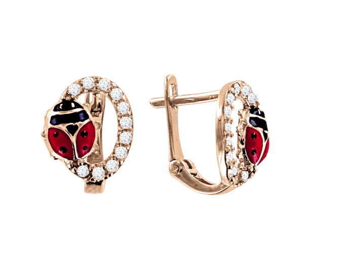 Product image 1 of the product “Children's Earrings “Ladybird” in 585 Rose Gold with Cubic Zirconia, Height 11 mm ”