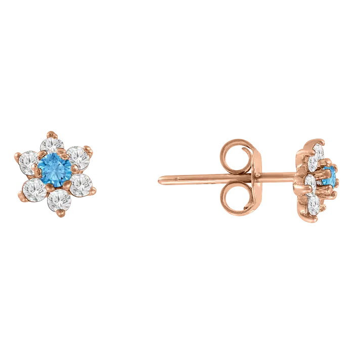 Artikelbild 1 des Artikels “Kinder-Ohrstecker „Blüte mit blauem Mittelstein“ aus 585 Rotgold mit Zirkonia “