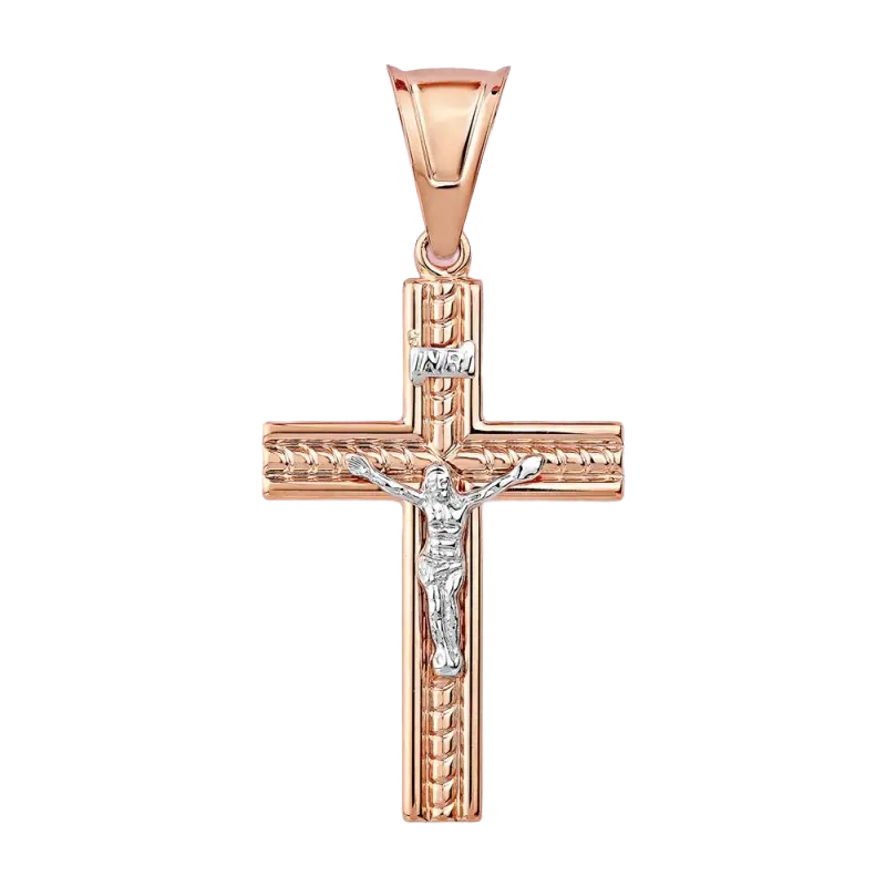 Artikelbild 1 des Artikels “Kreuz-Anhänger „Mit Kruzifix und Rillenband“ aus 585 Bicolor-Gold “
