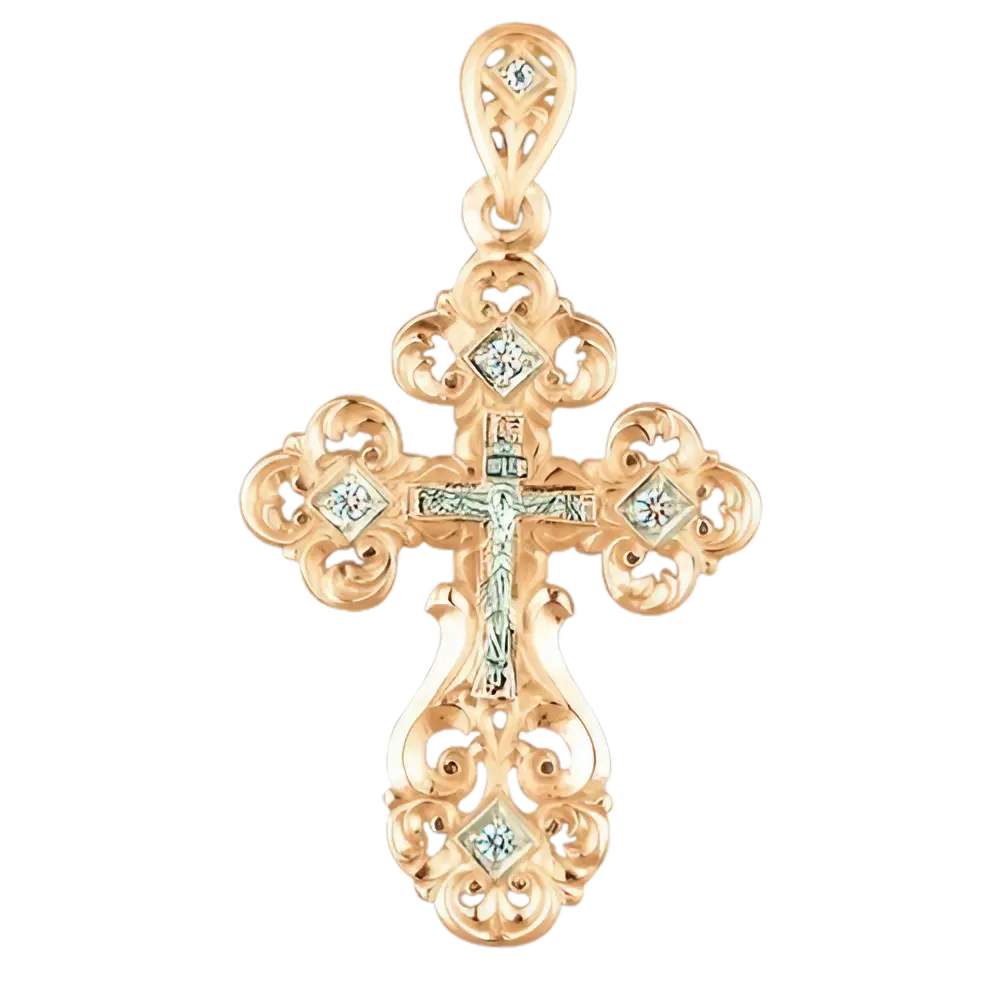 Artikelbild 1 des Artikels “Kreuz-Anhänger „Orthodox filigran mit Steinen“ aus 585 Rotgold mit Zirkonia, Höhe 43 mm “