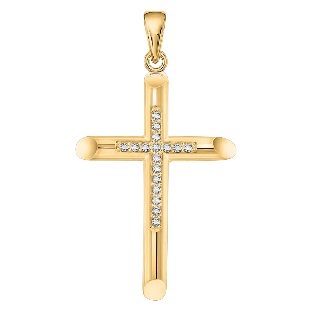 Artikelbild 1 des Artikels “Kreuz-Anhänger „Röhrenkreuz mit Steinreihe“ aus 585 Gelbgold mit Zirkonia, Höhe 35 mm “