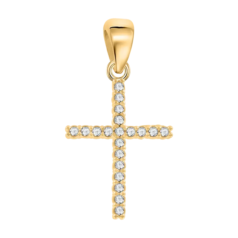 Product image 1 of the product “Cross Pendant “Slim Cross with Rows of Stones” in 585 Yellow Gold with Cubic Zirconia ”
