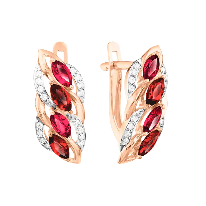 Product image 1 of the product “Drop Earrings “Wreath of Wheat Ears” in 585 Rose Gold with Cubic Zirconia and Garnet ”