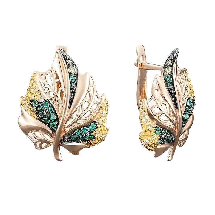 Artikelbild 1 des Artikels “Ohrhänger „Blatt mit bunten Steinen“ aus 585 Rotgold mit Zirkonia “