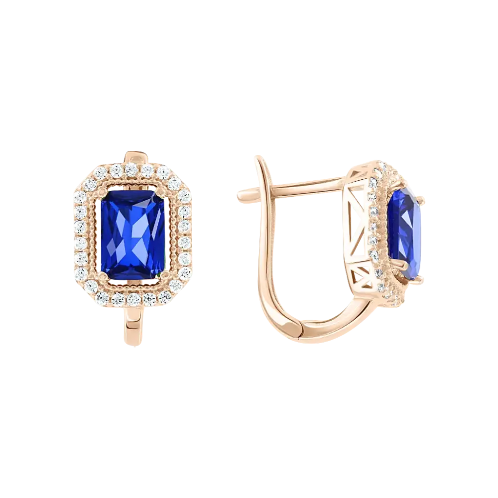 Artikelbild 1 des Artikels “Ohrhänger „Blauer Rechteckstein mit Steinkranz“ aus 585 Rotgold mit Zirkonia, Höhe 18 mm “