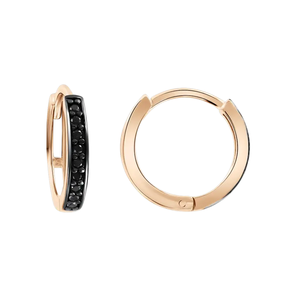 Product image 1 of the product “Drop Earrings “Hoops with Black Stones” in 585 Rose Gold with Cubic Zirconia ”