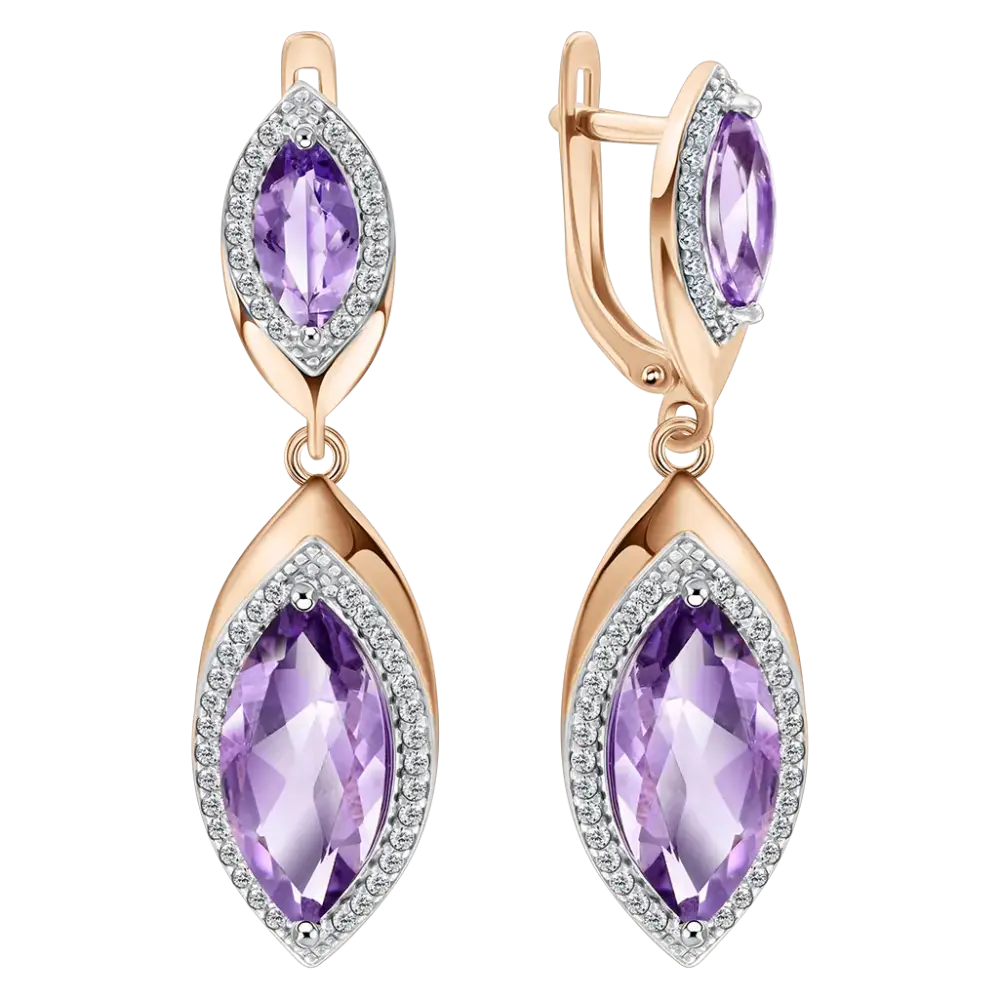 Artikelbild 1 des Artikels “Ohrhänger „Doppelte Navette mit Steinkranz“ aus 585 Rotgold mit Zirkonia und Amethyst “
