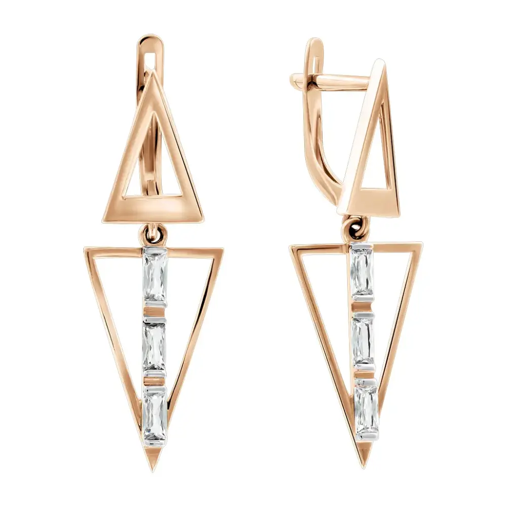 Product image 1 of the product “Drop Earrings “Triangles with Baguette Stones” in 585 Rose Gold with Cubic Zirconia ”