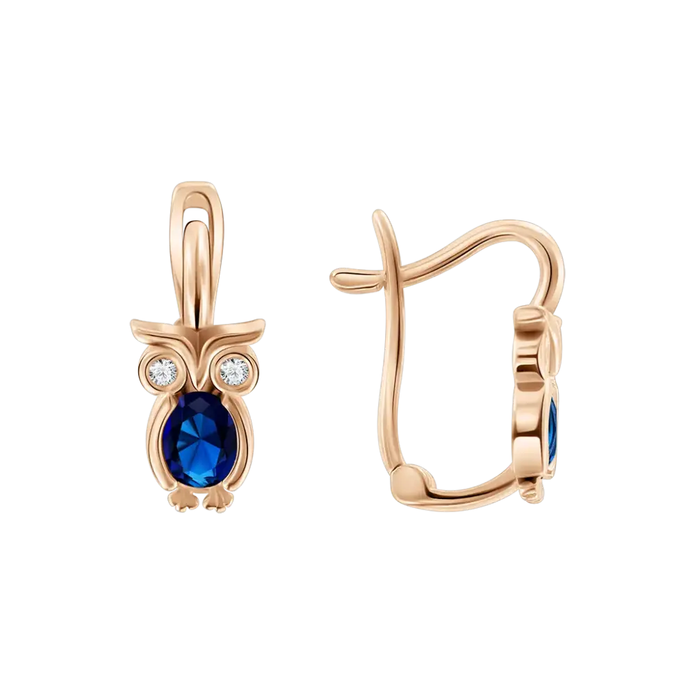 Artikelbild 1 des Artikels “Ohrhänger „Eule mit blauem Stein“ aus 585 Rotgold mit Zirkonia “