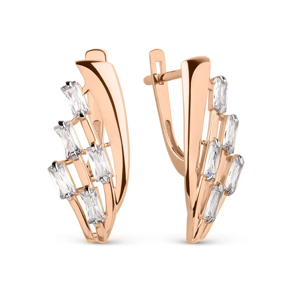 Product image 1 of the product “Drop Earrings “Fan with Baguette Stones” in 585 Rose Gold with Cubic Zirconia ”