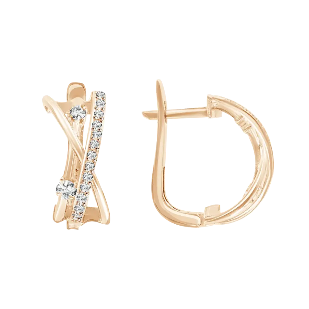 Изображение 1 товара «Серьги-подвески «Перекрещённые ленты с дорожкой камней» из красного золота 585 пробы с фианитами, высота 18 мм »