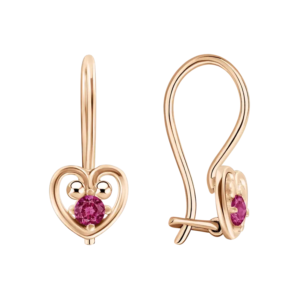 Product image 1 of the product “Drop Earrings “Heart with Red Stone” in 585 Rose Gold with Cubic Zirconia ”