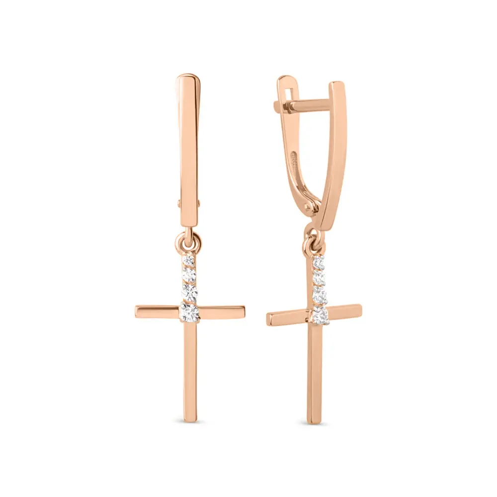 Product image 1 of the product “Drop Earrings “Cross with Stones” in 585 Rose Gold with Cubic Zirconia ”