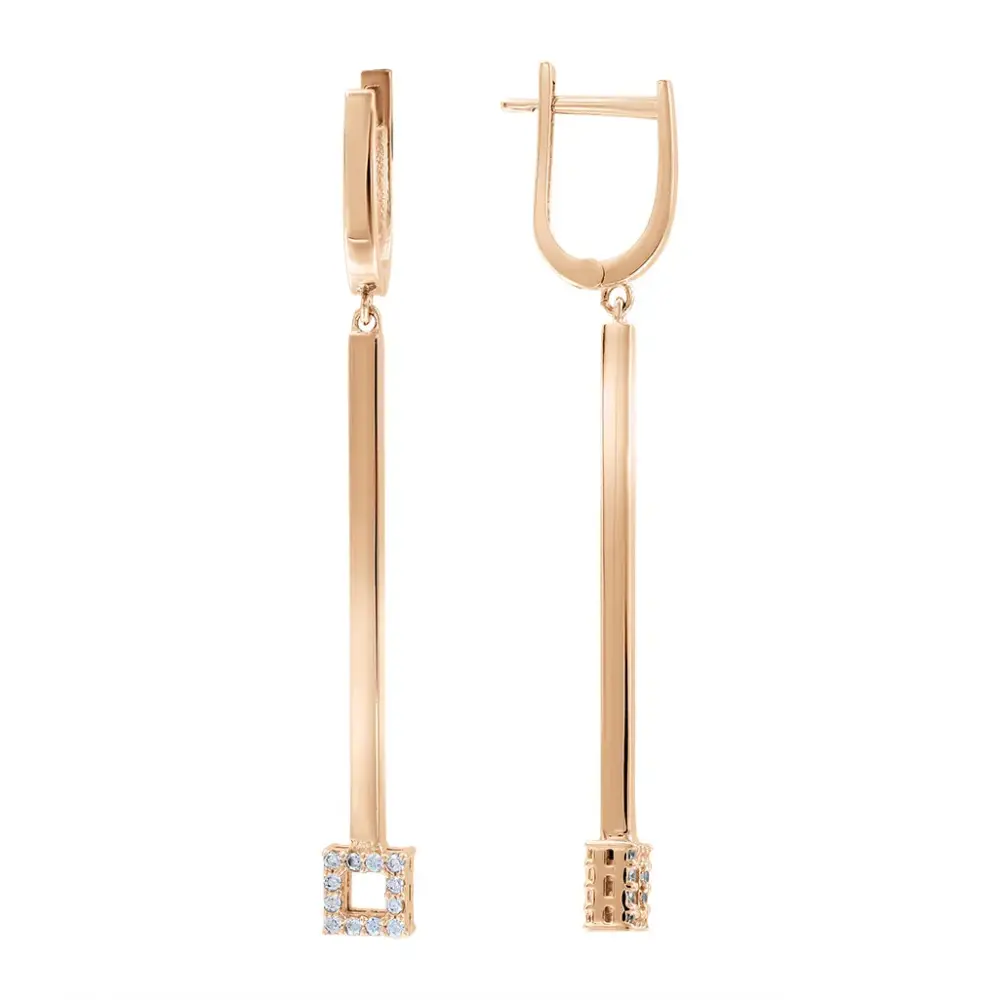 Product image 1 of the product “Drop Earrings “Long Bar with Square” in 585 Rose Gold with Cubic Zirconia ”