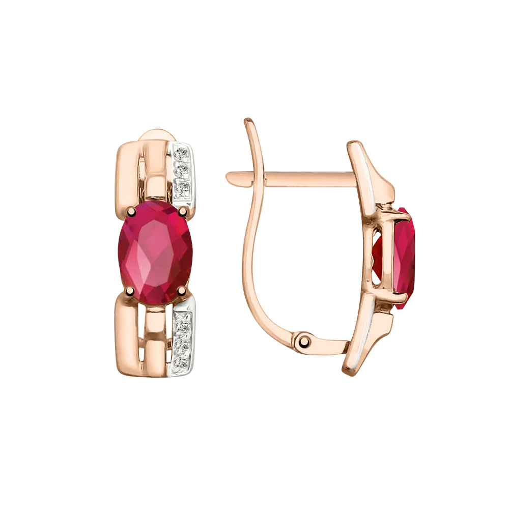 Product image 1 of the product “Drop Earrings “Oval Stone between Links” in 585 Rose Gold with Cubic Zirconia and Synthetic Ruby ”