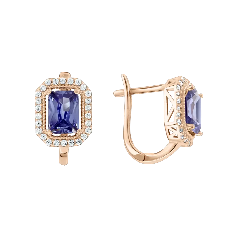 Product image 1 of the product “Drop Earrings “Rectangular Stone in Stone Halo” in 585 Rose Gold with Cubic Zirconia, Height 18 mm ”