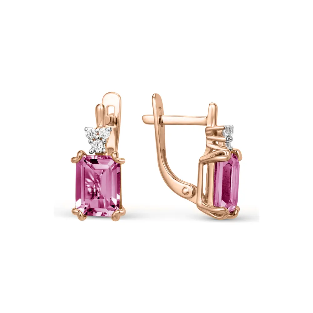 Artikelbild 1 des Artikels “Ohrhänger „Rosa Rechteckstein“ aus 585 Rotgold mit Zirkonia und Korund “