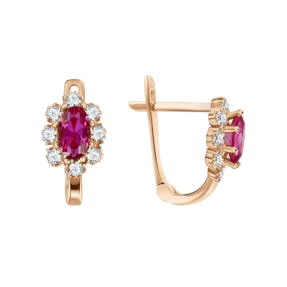 Product image 1 of the product “Drop Earrings “Red Oval Stone with Stone Halo” in 585 Rose Gold with Cubic Zirconia, Height 10 mm ”