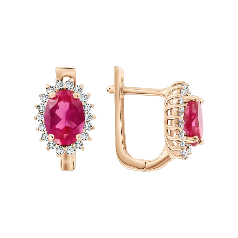 Product image 1 of the product “Drop Earrings “Red Oval Stone with Stone Halo” in 585 Rose Gold with Cubic Zirconia, Height 13 mm ”