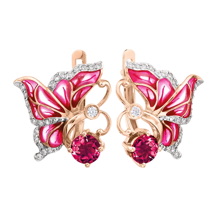 Artikelbild 1 des Artikels “Ohrhänger „Schmetterling mit Emaille“ aus 585 Rotgold mit Rhodolith “