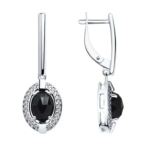 Product image 1 of the product “Drop Earrings “Black Oval with Stone Halo” in 925 Sterling Silver with Cubic Zirconia and Agate ”