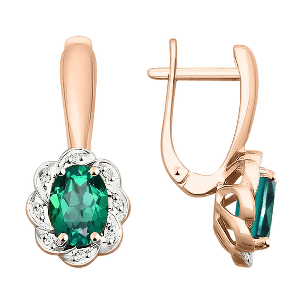Product image 1 of the product “Earrings “Flower Border” in 585 Rose Gold with Diamonds and Synthetic Emerald ”