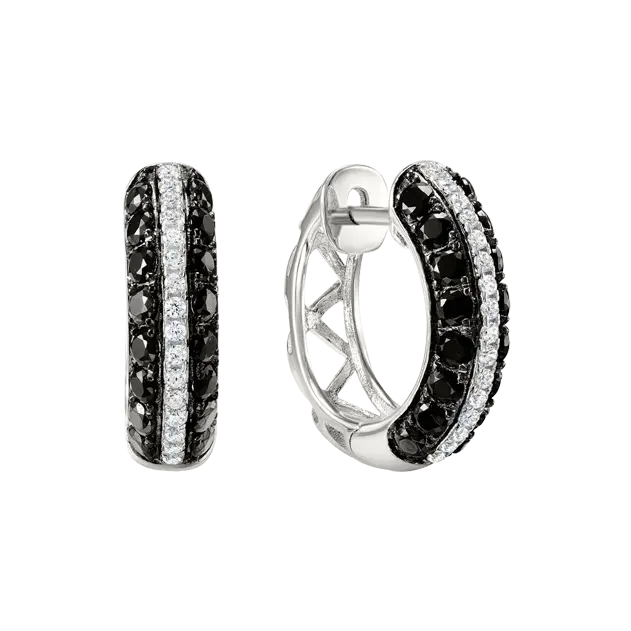 Product image 1 of the product “Earrings “Hoops with Black and White Stones” in 925 Sterling Silver with Cubic Zirconia ”