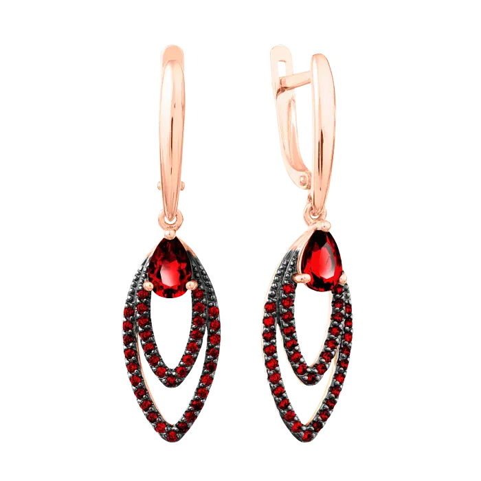 Artikelbild 1 des Artikels “Ohrringe „Doppelte Navette aus Steinen“ aus 585 Rotgold mit Zirkonia und Granat “
