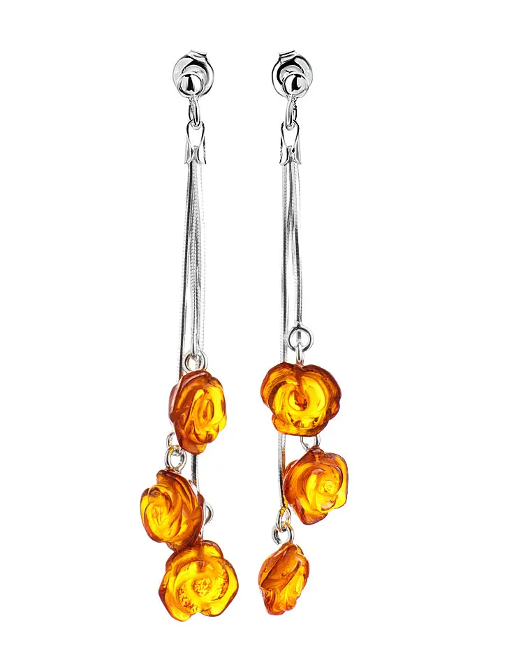 Product image 1 of the product “Earrings “Three Hanging Roses” in 925 Sterling Silver with Amber, Length 60 mm ”