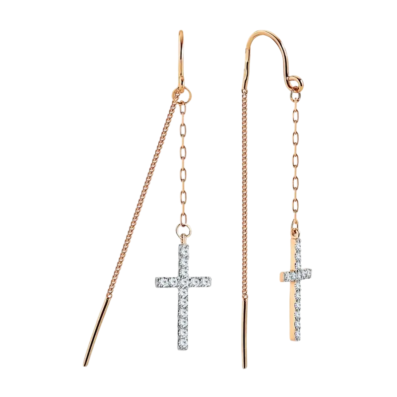 Artikelbild 1 des Artikels “Ohrringe „Kreuz mit Ketten-Durchzieher“ aus 585 Rotgold mit Zirkonia “