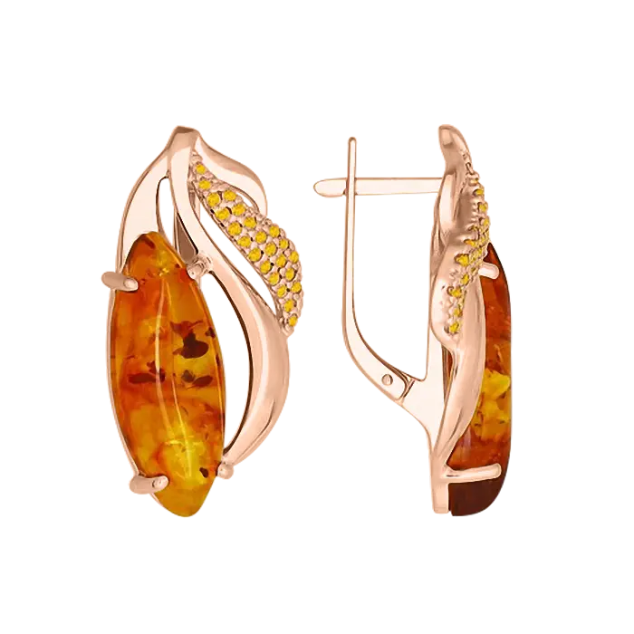 Artikelbild 1 des Artikels “Ohrringe „Navette mit Blatt“ aus 925 Silber vergoldet mit Bernstein “