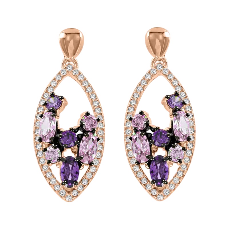 Artikelbild 1 des Artikels “Ohrringe „Navette mit Steinbogen“ aus 925 Silber vergoldet mit Zirkonia und Amethyst (synthetisch) “