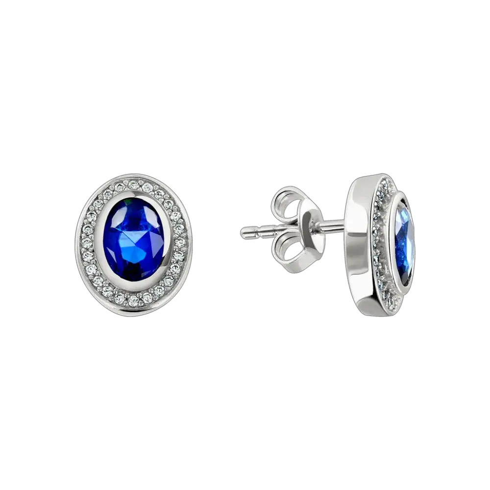 Artikelbild 1 des Artikels “Ohrringe „Ohrstecker oval im Steinkranz“ aus 925 Silber mit Zirkonia und Saphir “