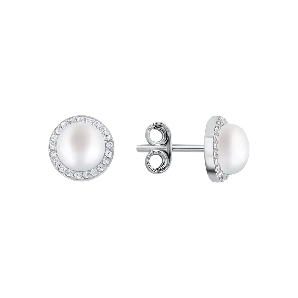 Artikelbild 1 des Artikels “Ohrringe „Ohrstecker Perle im Steinkranz“ aus 925 Silber mit Zirkonia und Perlen, Ø 9 mm “