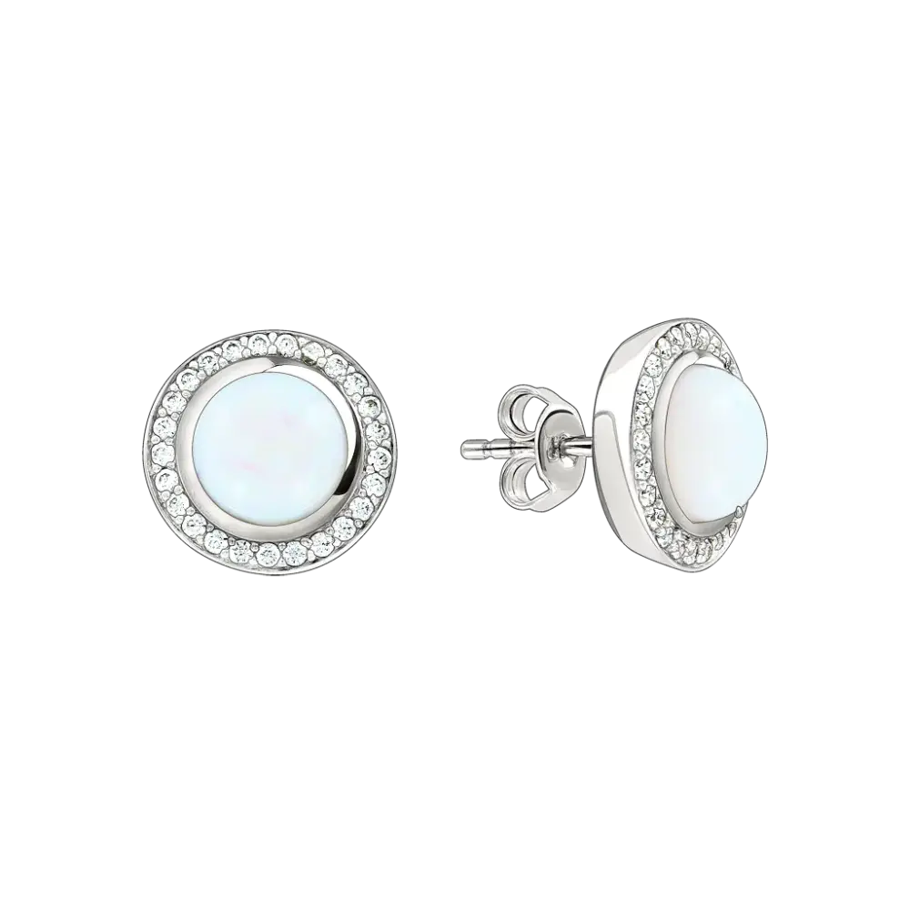 Product image 1 of the product “Earrings “Round Stud in Stone Halo” in 925 Sterling Silver with Cubic Zirconia and Opal ”