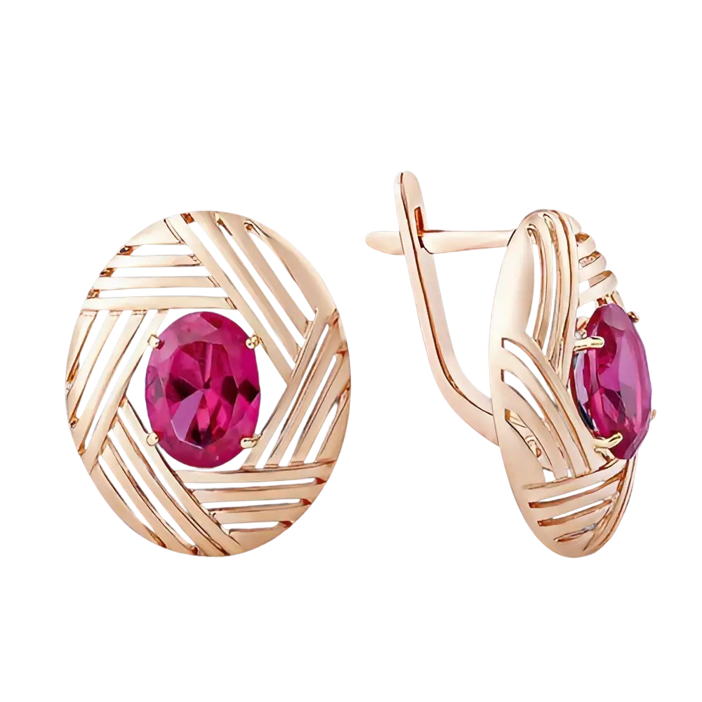 Product image 1 of the product “Earrings “Oval with Line Pattern” in 585 Rose Gold with Ruby ”