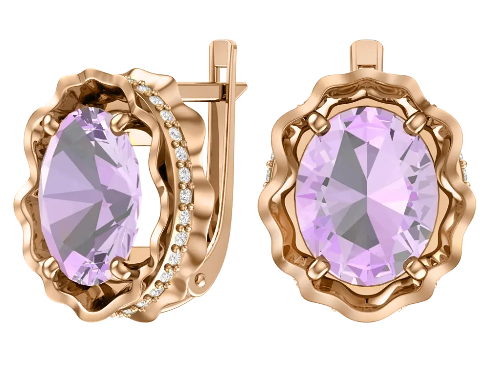 Product image 1 of the product “Earrings “Oval with Wavy Edge” in 585 Rose Gold with Cubic Zirconia and Amethyst ”