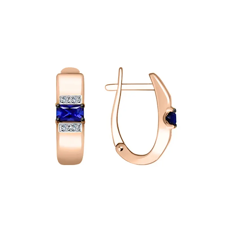 Product image 1 of the product “Earrings “Horizontal Rectangular Stone” in 585 Rose Gold with Diamonds and Sapphire ”